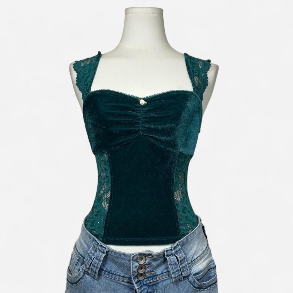 Kimchi Blue Emerald Velvet Lace Trim Tank Top Womens Fits XXS/XS